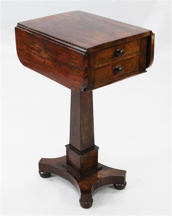 An early Victorian rosewood drop flap work table, W.1ft 5in. H.2ft 4in.